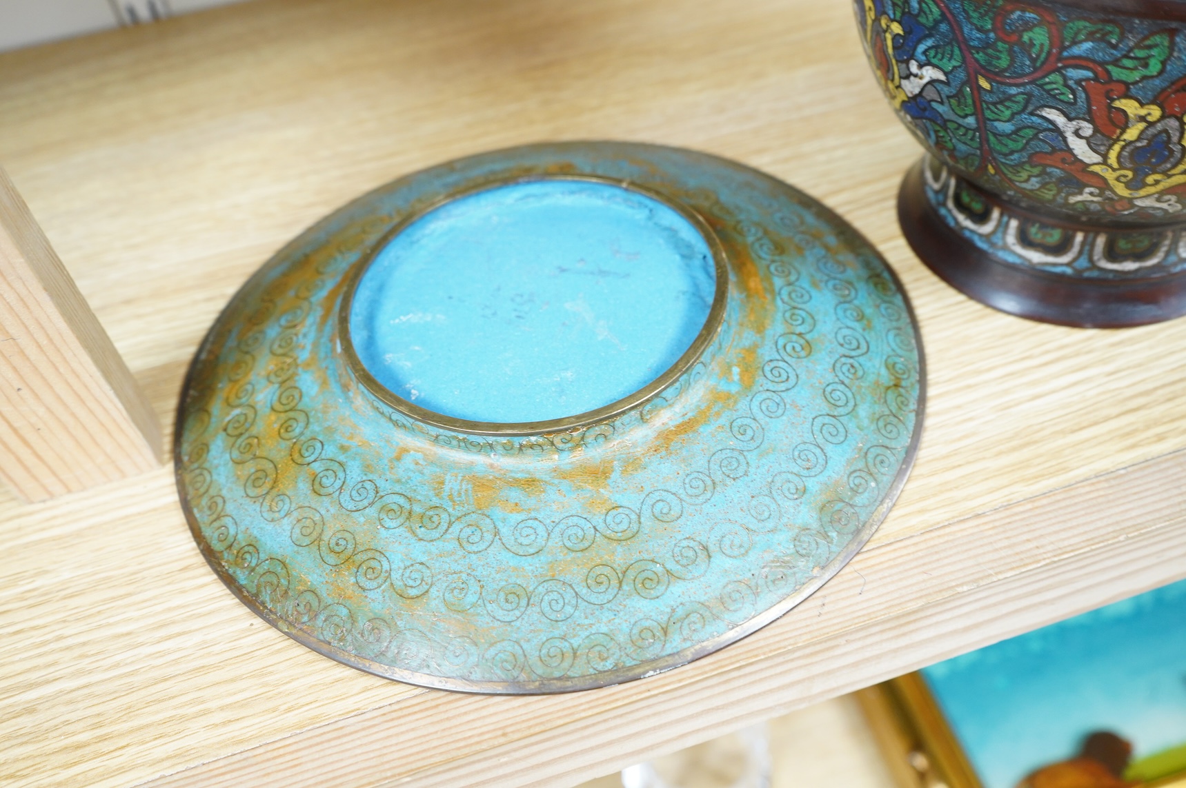 A Japanese archaistic bronze and champlevé enamel cloisonné two handled vase together with a Japanese cloisonné enamel dish, depicting a bird amongst flowers, 30cm high